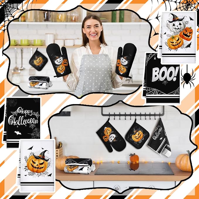 Fanfanwin 10 Pcs Halloween Kitchen Decor Accessories Set Gothic Pumpkin | Halloween 4 Kitchen Towels 2 Pot Holders 2 Oven Mitts 2 Rugs for Baking Cooking BBQ Autumn Home Decor Holiday Gift