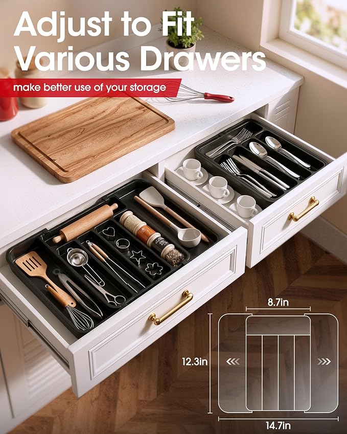 Aujen Silverware Drawer Organizer, Adjustable Utensil Cutlery Tray | Expandable Kitchen Organizer for Forks Knives, Multipurpose Kitchen Storage, Apartment Essentials, Black, Medium