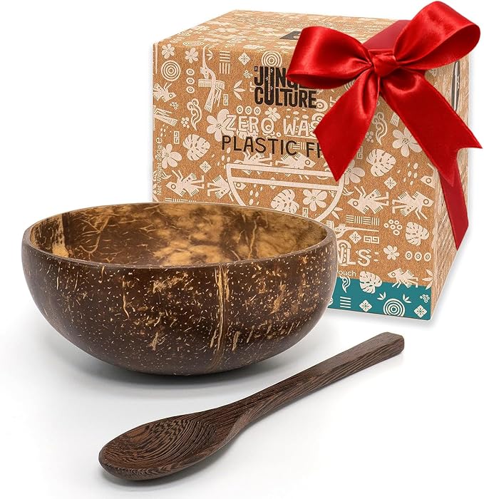 Jungle Culture 1 Coconut Bowl & Spoon with FREE eBook • Wooden Bowls • Salad Serving Bowl • Acai Smoothies Pasta Cereal • Cute Vegan Gift Ideas • Eco Friendly Coconut Shell Bowls