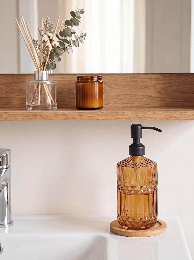 JASAI 18Oz Amber Glass Soap Dispenser with Black Pump for Bathroom. | Beautiful Kitchen Soap Dispenser with Thick Glass, Soap Dispenser Bathroom for Hand soap, Dish Soap, Lotion, Liquid Soap.