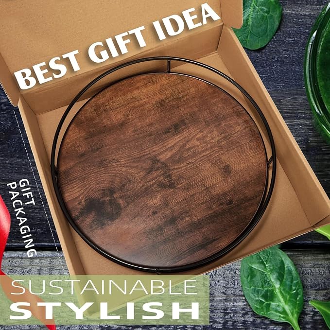 9" Rustic Brown Wood Lazy Susan,360° Decorative Turntable for Countertop