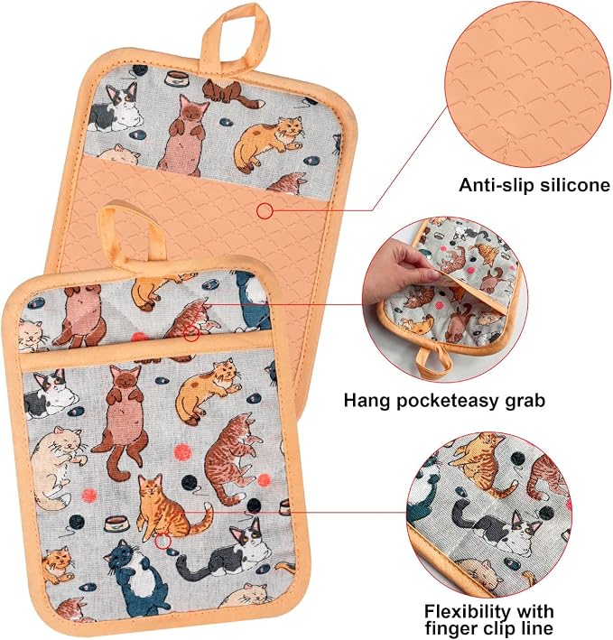 Alselo Oven Mitts and Pot Holders with Chef Apron,Kitchen Set of 5 | Heat Resistant Kitchen Gloves and Silicone Non-Slip Potholders Adjustable Neck Buckle Chef Apron, Cotton Cat Design (Cat)