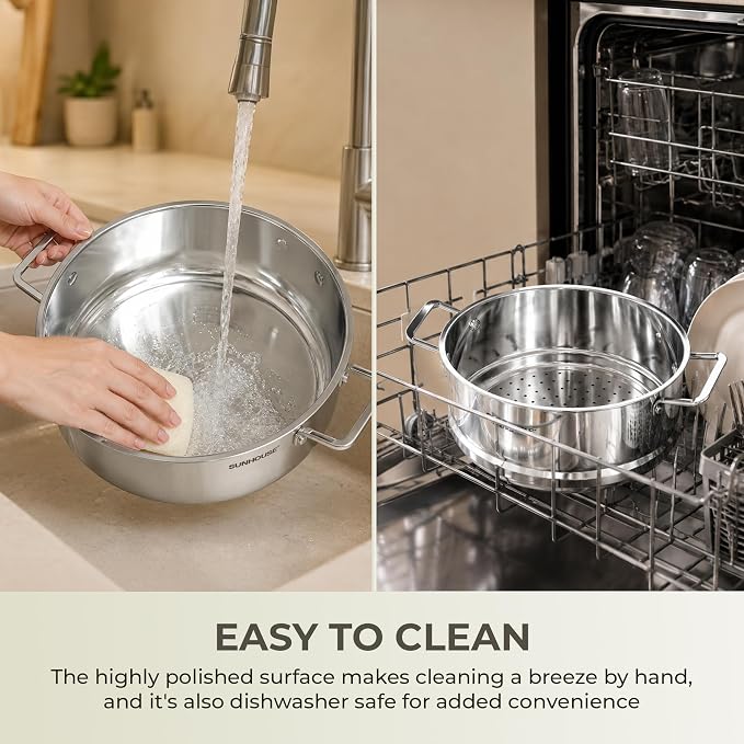 SUNHOUSE 9.3 QT Stainless Steel Steamer Pot for Cooking with Glass Lid | 5.5 QT Steamer Basket & 3.8 QT Stockpot - 2-Tier Large Vegetable Steamer Food with Stay-Cool Handles - Tri-ply Induction Base