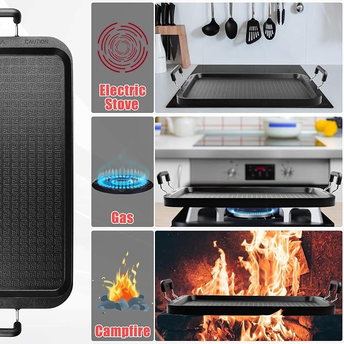 Stove Top Griddle 17 Inch, Warp-Resistant Nonstick 2 Burner Griddle Pan for Gas Stove, Aluminum Flat Top Grill & Pancake Griddle for Indoor Cooking, Camping, Outdoor BBQ