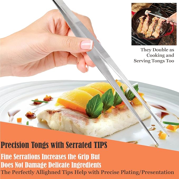Professional Culinary Stainless Steel Precision Tongs with Serrated Tips, Plating/Food Presentation Detailing Serving Tongs, Chef's Kitchen Tweezer Tongs - Ultra Non-Slip Grip (12" STR Slim)