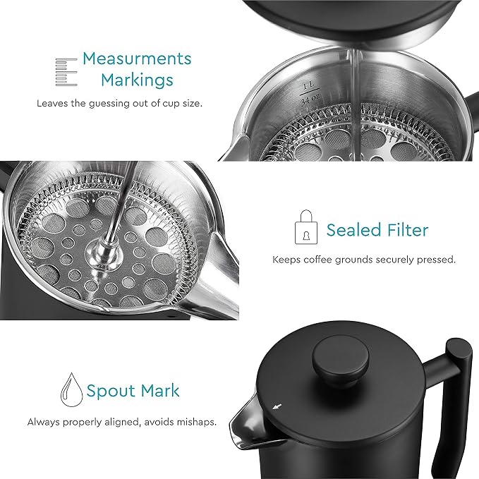 Large French Press Coffee Maker 50oz, 304-Grade Stainless Steel, Insulated | Double-Wall Coffee Press Keeps Hot, 4-Level Filter Blocks Grounds, Rust-Proof, 2 Extra Filters, Cold Brew, Matte Black (1.5L)