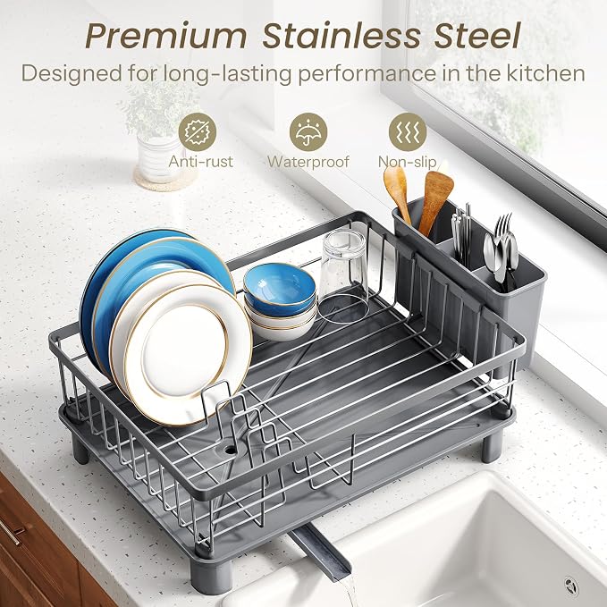 SNTD Dish Drying Rack for Small Kitchen Counter, 11" W x 15" L, Grey | Space Saving, Rotating Spout & Angled Drainboard for Quick Drainage, Stainless Steel, Removable Utensil Holder