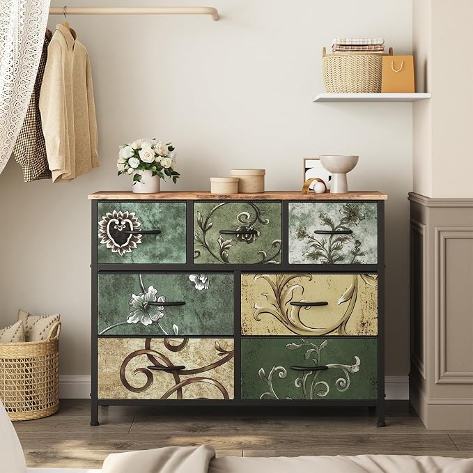 Sweetcrispy 7 Drawer Dresser for Bedroom Storage, Fabric Bins, Floral Print | Anti-Tip Closet Organizer, Wooden Top and Sturdy Steel Frame, Spacious Drawers for Clothes Storage, Hallway Entryway