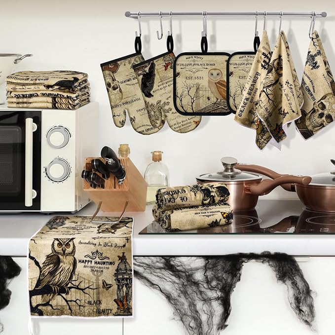 SiliFine 12 Pcs Halloween Gothic Kitchen Accessories Set Gothic Skull Oven Mitts Raven Pot Holders Owl Kitchen Towels for Halloween Home Decorations, Cooking Baking Gifts