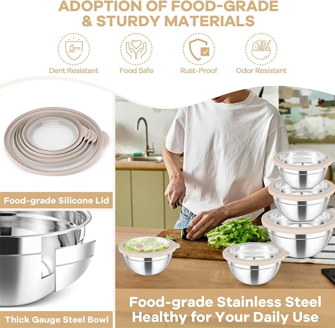 TeamFar Mixing Bowls Set, 4.5/3/1.5/1/0.7 QT Salad Bowl with Lids, Khaki | Stainless Steel Nesting Bowls with Visible Airtight Lids, For Serving/ Mixing/ Storing, Non-Toxic & Dishwasher Safe, Set of 5