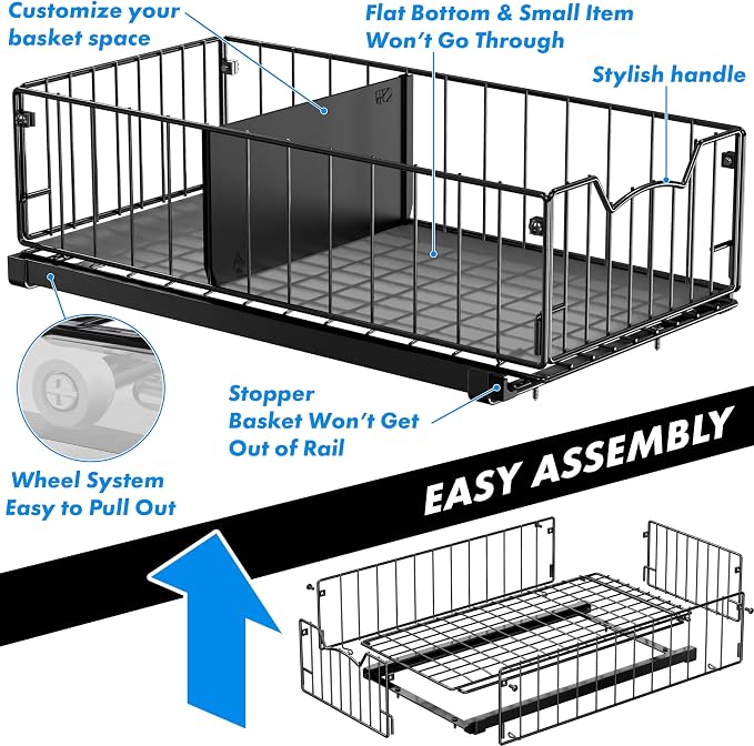 Simple Houseware Pull-Out Cabinet Sliding Basket, 17.2Dx9.7Wx5H, Black | Ideal for Kitchen and Bathroom Cabinet Storage Organizer, Under Sink or Pantry Organization