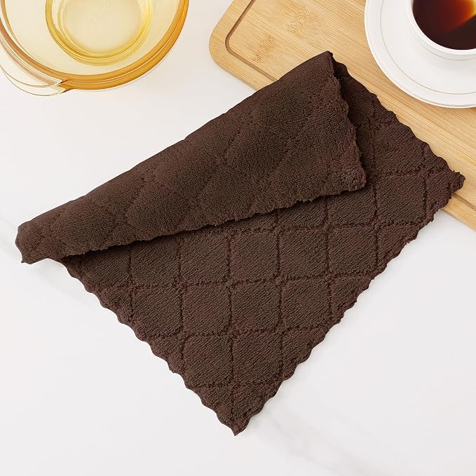 Homaxy 12 Pack Super Soft & Absorbent Dish Cloths, 10" x 10", Brown | Coral Velvet, Nonstick Oil Fast Drying Microfiber Cleaning Cloth, No Lint Household Dishcloths