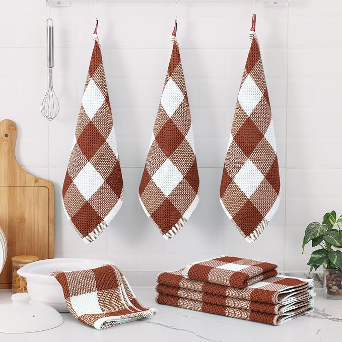 Homaxy Kitchen Towels and Dishcloths Set, Set of 10, White & Rust | Bulk Cotton Waffle Weave Check Plaid Kitchen Towels, Super Soft and Absorbent Dish Cloths, 12 x 12 and 13 x 28 Inches