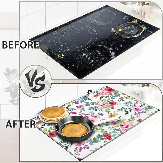 Watercolor Floral Stove Top Cover for Electric Stove,Extra Thick Natural Rubber Glass Top Protector,Prevents Scratching, Expands Usable Space 28x20