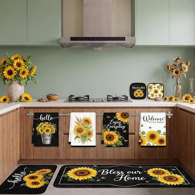 Tieshankao 10Pcs Sunflower Kitchen Decor Accessories Set | Sunflower Floral Theme, Kitchen Towels, Oven Mitts, Pot Holders, Rugs and Mats, Baking Supplies, Housewarming Gifts