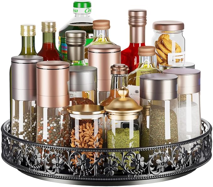 13 inch Lazy Susan Turntable Organizer, Black | Large Rotating Spice Rack, For Dining Table Top, Cabinet Countertop Pantry, Kitchen Cupboard Bathroom