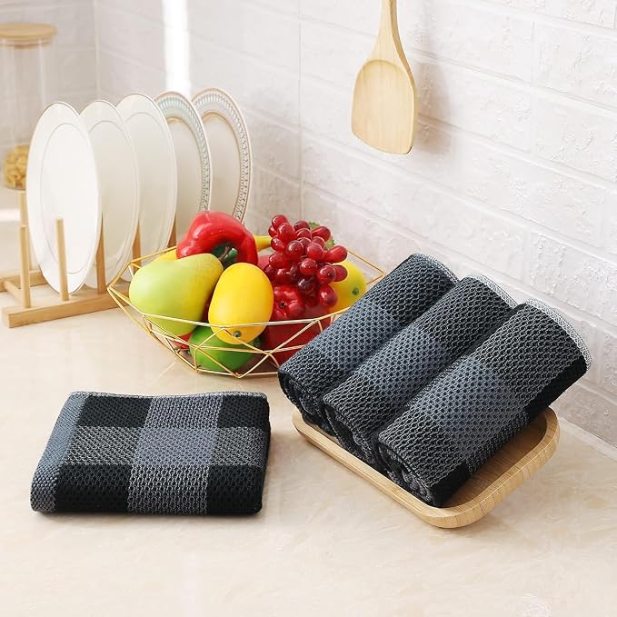 Homaxy Kitchen Towels and Dishcloths Set, Set of 10, Black & Grey | Bulk Cotton Waffle Weave Check Plaid Kitchen Towels, Super Soft and Absorbent Dish Cloths, 12 x 12 and 13 x 28 Inches