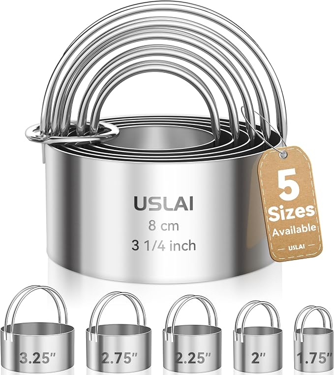 USLAI Biscuit Cutter Set (1.75, 2, 2.5, 2.75, 3.25 Inch) | Food-Grade Stainless Steel, Fluted Cookie Cutter with Handle, Professional Kitchen Baking Dough Tools