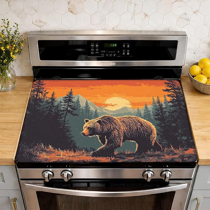 Bear Mountain Sunset Stove Top Covers for Electric Stove,Electric Gas Stove Pad Heat Resistant Range Cooktop Protector for Home Decor Kitchen 28.5"x20.5"