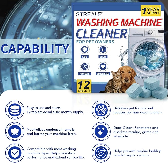 Washing Machine Cleaner Tablets for Pet Owners -12Pack, Deep Clean Descaler,Tackles Cat &Dog Hair,Freshens Odors &Laundry Detergent Residue,Septic Safe,HE Top &Front Load Washer -6Month Supply