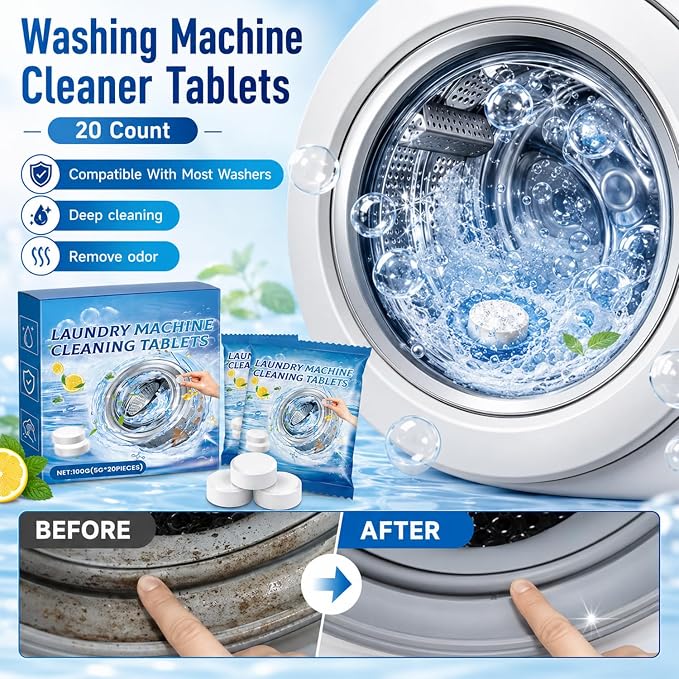 Washing Machine Cleaner Tablets 20 Count for Odor & Residue Buildup, For Front Load, Top Load & He Washers, Monthly Maintenance Descaling Tablets for Cleaner Drum