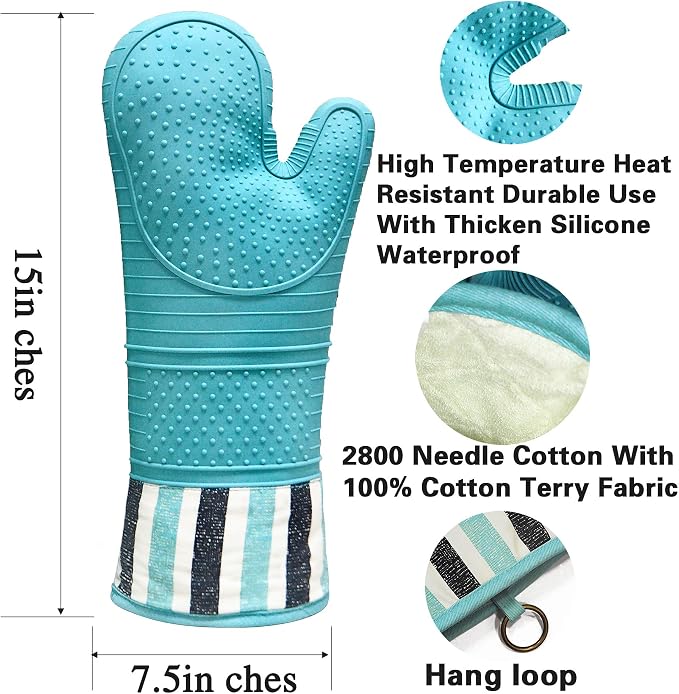 Heat Resistant 550 Degree Oven mitt, Silicone Oven Hot Mitts - 1 Pair | Extra Long Professional Baking Oven Gloves - Food Safe,Pot Holders Cooking,Grilling,Kitchen (Blue Mittens)