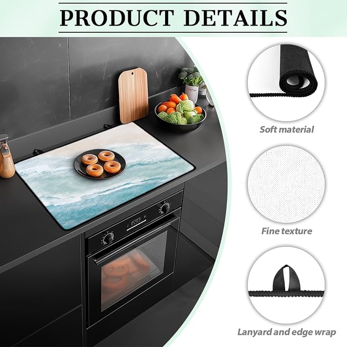 Beach Theme Stove Top Covers for Electric Stove Blue White Sea Ocean Waves Nature Scenery Glass Top Gas Stove Pad Heat Resistant Range Cooktop Mat for Kitchen 28"x20"