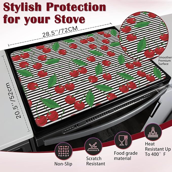 Stove Top Cover for Electric, Glass Ceramic Cherry Stripes Stove Cover, Heat Resistant Flat Stovetop Protector, Dish Drying Mats for Kitchen