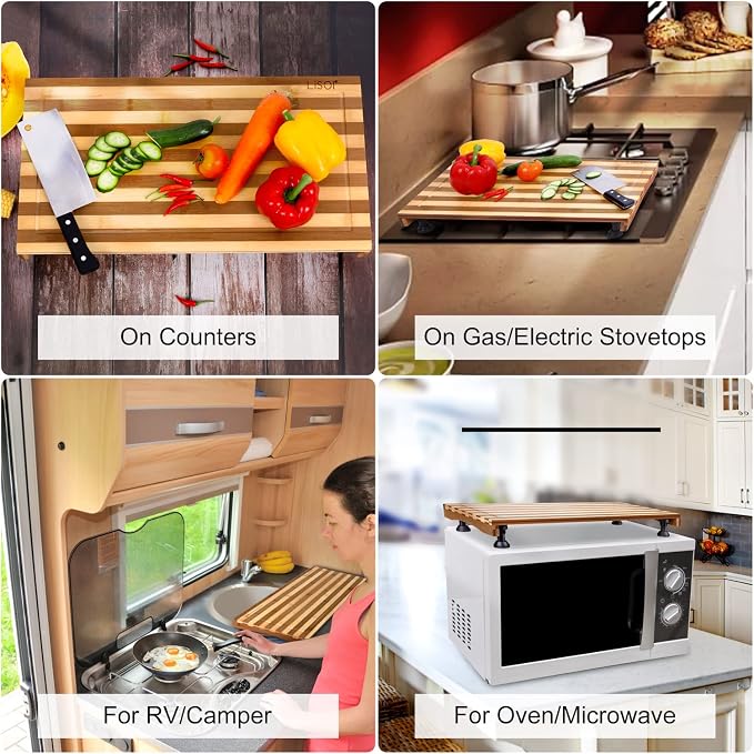 Bamboo Stovetop Cover&Countertop Cutting Board with Adjustable Legs, 21.14 x 11.42 inches Dual-purpose Chopping Board for Electric Stove Burner, Workspace Block Cover for RV Camping Camper Gas