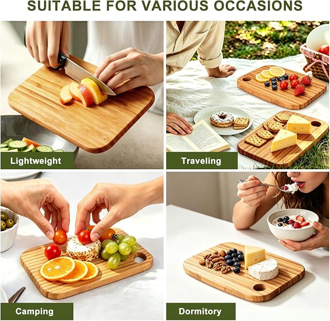2 Pcs Small Bamboo Cutting Boards Set for Kitchen with Hanging | Mini Bamboo Cutting Board Set of 2 for Vegetables, Fruit, Bread, Meat - BPA Free, 9" x 6.5"