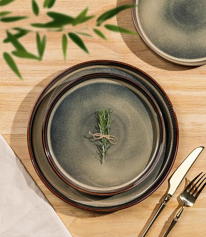 Ceramic Dinnerware Set for 4, 12-Piece Plates and Bowls Set | Lightweight Porcelain Dish Set, Scratch Resistant, Oven & Microwave & Dishwasher Safe, Brown