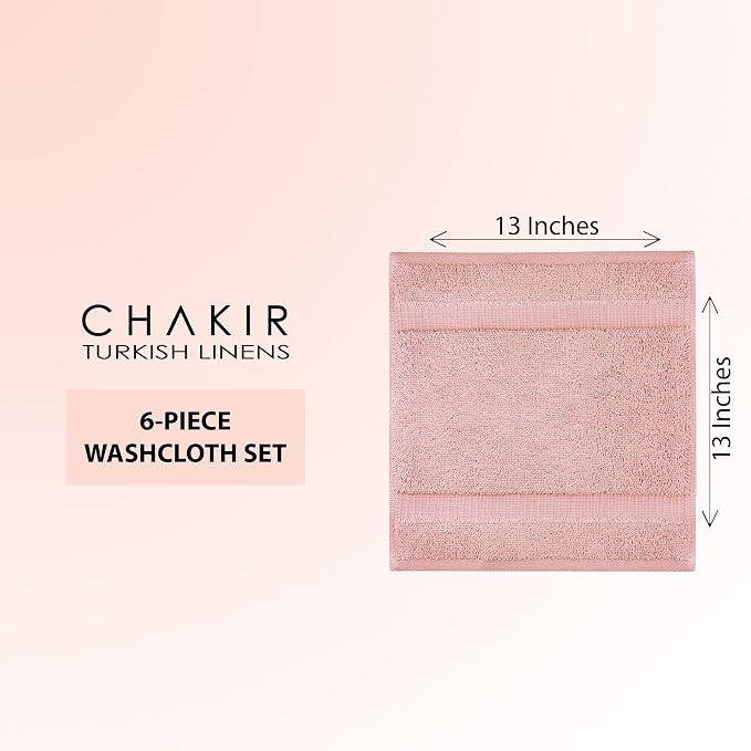 Chakir Turkish Linens 100% Cotton 6-Pack Washcloths 13x13, Pink | 100% cotton washcloths, 6-pack 13x13, OEKO-TEX certified, soft absorbent face towels