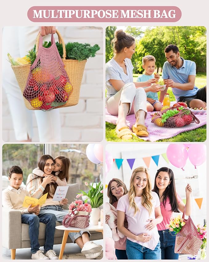 Eccliy 12 Pcs Reusable Mesh Grocery Bags Portable Cotton Produce Containers Washable Net Mesh Tote Bag Handle String Shopping(Pink)