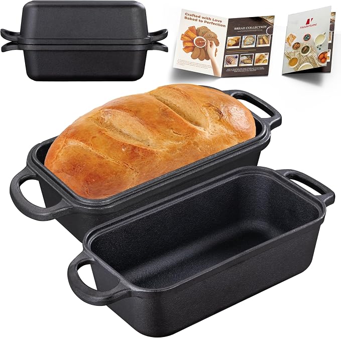 Cast Iron Loaf Pan with Lid 9x5 Inch,Sourdough Pan | 2 in 1 Loaf Pans for Baking Bread, Even Heat Distribution for Sourdough, Homemade Bread