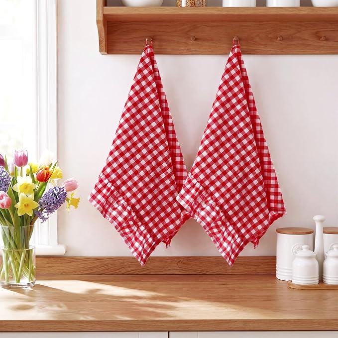 HunnmingRe 2 Pcs Red Gingham Kitchen Towels Cotton Ruffled | Checked Dish Towels 18"x28" Tea Cloths Plaid Cottage Core Kitchen Decor for Farmhouse Charm Drying Dishes Entertaining Guests