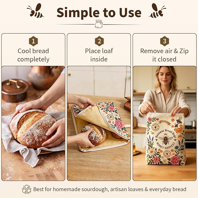 2 Pack Reusable Beeswax Bread Bags for Homemade Sourdough, 13"x17" Organic Linen & Cotton Bread Storage Bag with Zip Seal, Natural Beeswax Coating Keeps Bread Fresh Longer – Freezer Safe & Portable