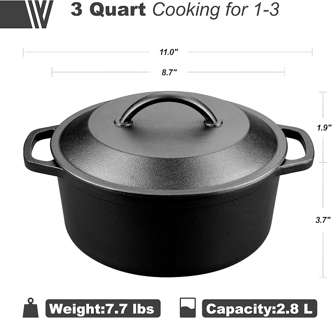VORRINGARD Pre-Seasoned Cast Iron Dutch Oven with Lid, Round and Dual Handles, for Stovetop, Camping, Grill, Induction, Electric, Black, 3 qt