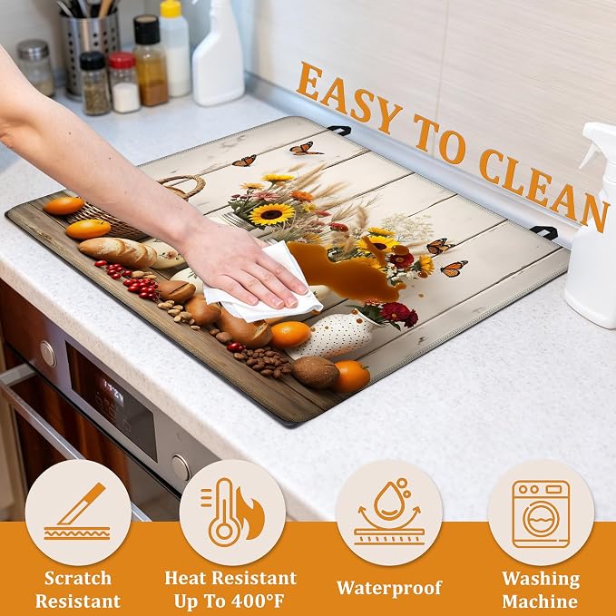 Farmhouse Flowers Stove Top Covers for Electric Stove,Rustic Bread Food Glass Top Stove Cover, Heat Resistant Range Covers for Electric Stove,Washable Countertop Mat, 28 x 20 Inch