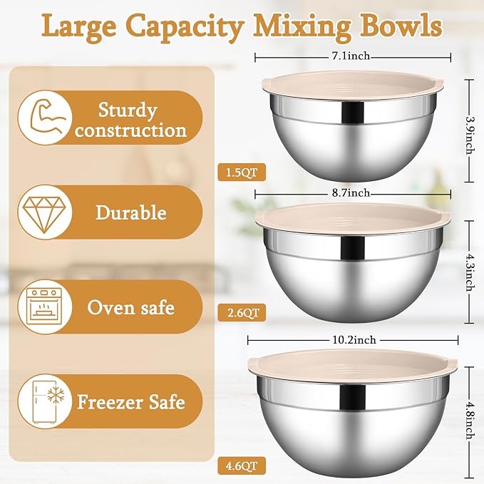 LIANYU Mixing Bowls with Lids Set, 3 Packs Stainless Steel Metal Bowls | Ideal for Prepping, Cooking, Storage, Serving, Freezer & Dishwasher Safe, 1.5QT & 3QT & 4.6QT, Khaki