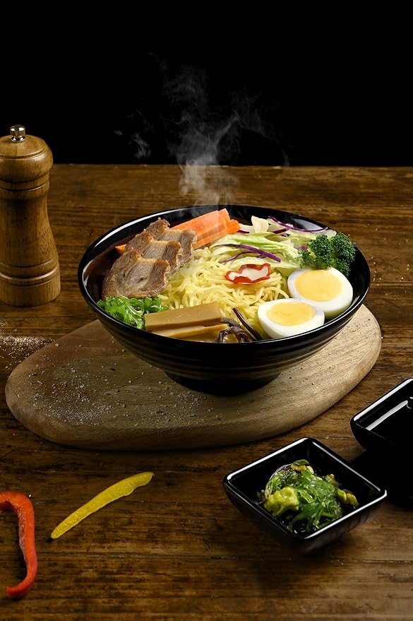 4 Noodle Bowls Set - large 32oz Ramen Bowl Set for authentic Asian Cuisine - with Dipping Bowls, Spoons, Chopsticks & Chopstick Stands. Enjoy Thai Miso Udon Wonton (4 Bowl Set, Black)