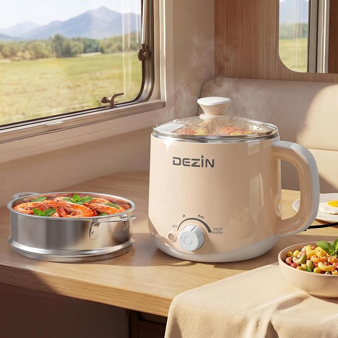 Dezin 1.6L Electric Pot with Steamer, Stainless Steel Pot with Dual Power | Keep Warm, Rapid Cooker, for Ramen, Egg, Dumpling, Soup & Oatmeal, Overheat & Boil-Dry Protection, Ideal for Dorm & Office