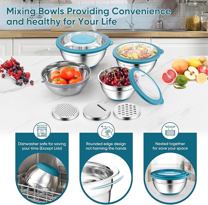 P&P CHEF Mixing Bowls with Lids, Metal Mixing Bowl with Colander, Blue | 3 PCS Stainless Steel nesting bowls for Prepping, Storing, Colander for Draining, 3 Grater Attachments & Non-Slip Bottoms