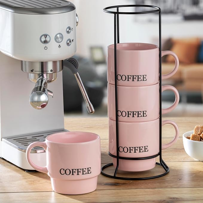 Signature Housewares Stackable Coffee Mug Tower Set with Metal Wire Rack - 15 Ounce Coffee Mugs for Coffee, Tea, Cocoa, Milk, Cappuccino, Hot Chocolate Set of 4 - Pink Coffee