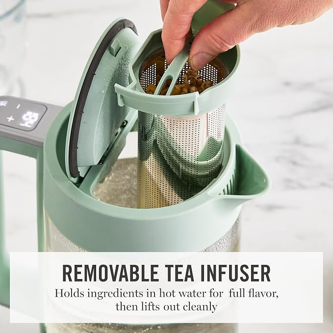 Martha Stewart 1.7L Glass Carafe Electric Kettle with Removable Tea Infuser | 7 Cups, 4 Presets, Rapid Boiling, Stainless Steel Tea Leaf Infuser, Cordless Swivel Base, Keep Warm, Auto Shut-Off, Honeydew
