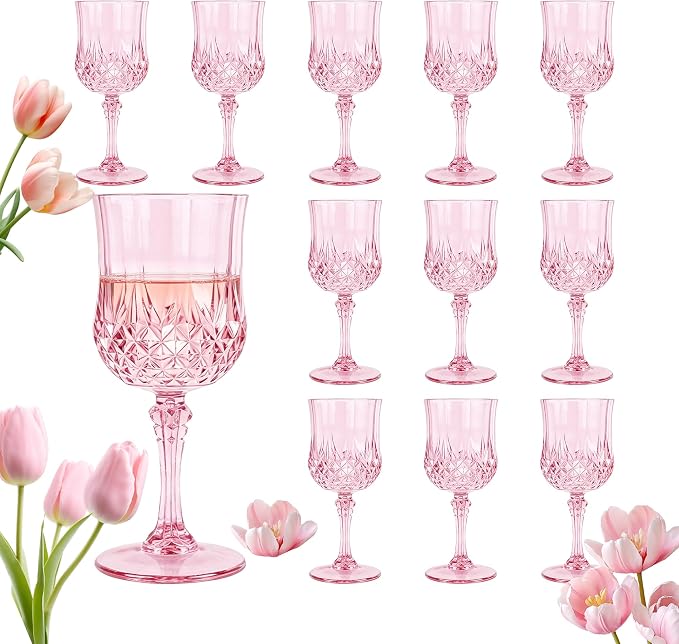 12Pack Plastic Wine Glasses, 7oz Vintage Goblets for Wedding | Unbreakable Crystal Style Reusable Stemware, Elegant Pink Drinking Glass for Party Anniversary & Holiday Celebration