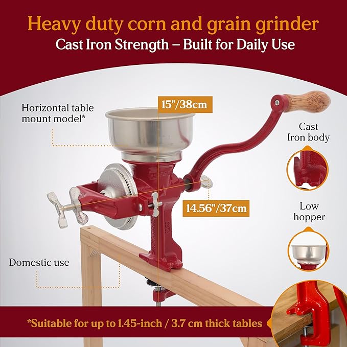 Estrella Cast Iron Manual Corn Grinder, Hand Grain Mill, Molino de Maiz Manual, Red Molino for Corn, Nixtamal, Masa, Coffee & Spices