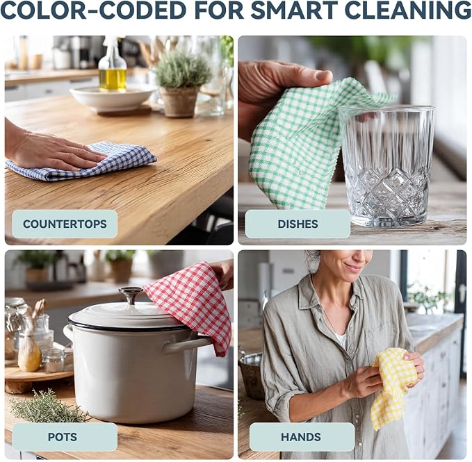 Egles 100% Cotton Kitchen Dish Cloths, 12 x 12 Inch, 8 Pack | Absorbent terry dishcloths for washing dishes and counters; 4 colors help organize cleaning tasks