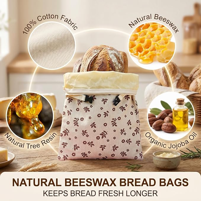 2 Pack Beeswax Bread Bags for Sourdough, Reusable Sourdough Bread Bags with Zipper, Natural Bees Wax Linen Cotton Bread Storage Bags to Keep Fresh, 13''×17''