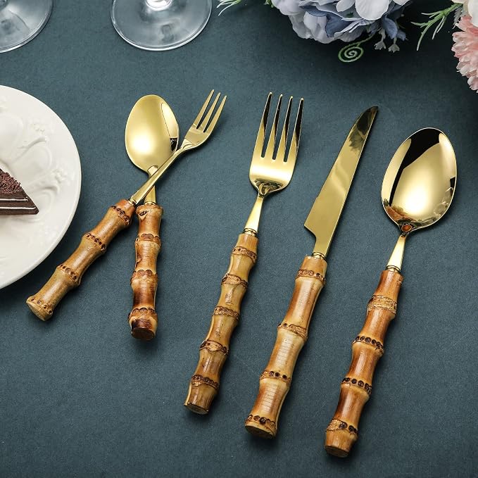 Eboot Bamboo Silverware Set 18/8 Stainless Steel Tableware Set Natural Utensil Flatware Kit Spoon Fork Knives Bamboo Handle Cutlery for Kitchen Wedding Home Restaurant Party(Gold,30 Pieces)