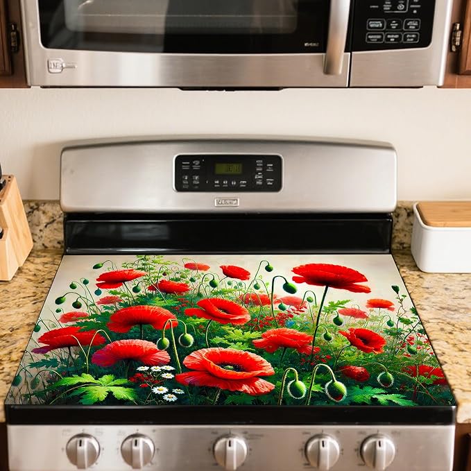 Nuxovilar Floral Accent Stove Cover Diatom Mud 28.35x20.47 In | Glass Protector Countertop Mat Counter Saver Cooktop Cover Kitchen Cooking Area Home (Floral Accent Design)